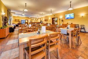 a restaurant with wooden tables and wooden chairs at Hotel Toč in Lipova Lazne