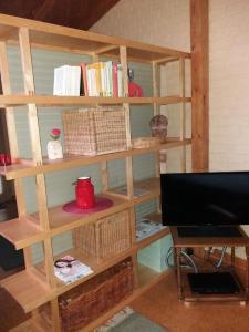 a book shelf with a monitor and a desk at Gästeappartement Appricot in Adendorf