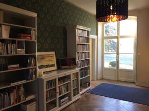 a living room with book shelves filled with books at Château des Edelins in Bayet