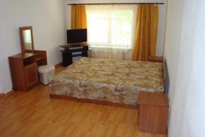 a bedroom with a bed and a television and a window at Art Avenue ApartHotel in Lviv