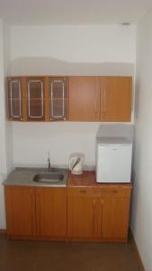 una cocina con fregadero y armarios de madera en Art Avenue ApartHotel, en Leópolis