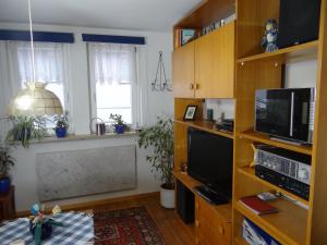 a living room with a tv and a tv stand with a flat screen at Ferienhaus Heimberger in Miltenberg