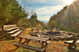 a group of picnic tables and a fire pit at Briarstone Lodge Condo 13F in Pigeon Forge