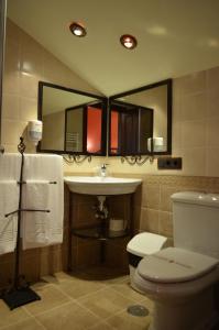 a bathroom with a toilet and a sink and mirrors at Hotel Apartamento Marouco in A Guarda