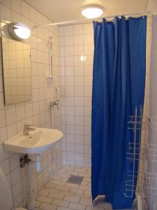a bathroom with a blue shower curtain and a sink at Ystad Camping in Ystad