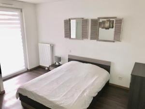 ein weißes Schlafzimmer mit einem Bett und zwei Spiegeln in der Unterkunft Le T2 Appartement Moderne avec Terrasse et Parking in Straßburg