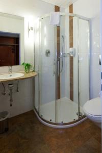 a bathroom with a shower and a sink at Hotel am Springhorstsee in Großburgwedel