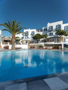 a large swimming pool with a palm tree and buildings at Poseidon Hotel Suites in Mikonos