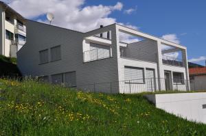 ein graues Haus auf einem Hügel mit einem Blumenfeld in der Unterkunft Schinnas 757 in Scuol