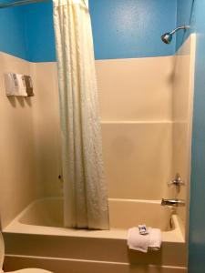 a bathroom with a shower and a tub and a toilet at Texas Inn and Suites City Center at University Dr. in Edinburg