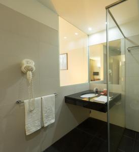 uma casa de banho com um lavatório e um telefone na parede em Hotel Quinta da Cruz & SPA em Ataíde
