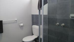 a bathroom with a toilet and a glass shower at Colac Central Motel in Colac