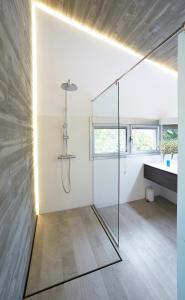 a bathroom with a glass shower and a sink at La casa de Marta in Celorio +29 photos