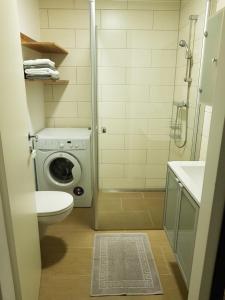 a bathroom with a washing machine and a toilet at Ferienwohnung in Pinsdorf