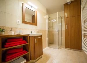 W łazience znajduje się umywalka, prysznic i czerwone ręczniki. w obiekcie Apartment Marie w mieście Lipno nad Vltavou +28 zdjęć