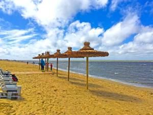 a beach with a group of umbrellas and chairs at Ferienwohnung Meisennest in Cuxhaven
