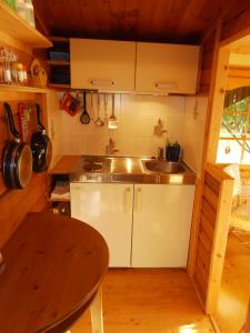 a small kitchen with a sink and a table at Ferienhütte Stephanie in Niederschlettenbach
