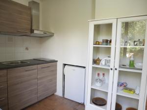 cocina con armarios de madera y nevera blanca en Monolocale in villa, en Castiglioncello