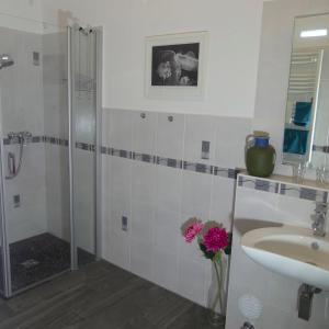 baño con ducha, lavabo y un jarrón de flores en Cochem Ferienwohnung Scheuer en Cochem