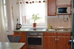 a kitchen with a stove and a sink and a window at Apartment Sova in Ostrava