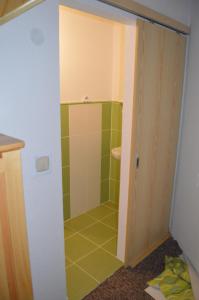 a bathroom with a shower with green tile at Ubytovanie Sokolica in Červený Kláštor +76 photos