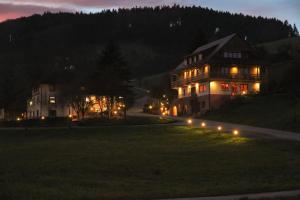 a large house with lights in the yard at night at Hotel Gästehaus Speicher in Biberach bei Offenburg