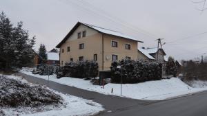 dom po stronie pokrytej śniegiem ulicy w obiekcie Apartament Krystyna w mieście Tylicz