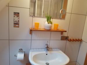a bathroom with a sink and a mirror at Haus am Kastanienwald in Bad Bergzabern +26 photos