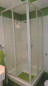 W łazience znajduje się prysznic ze szklanymi drzwiami. w obiekcie Apartament Krystyna w mieście Tylicz