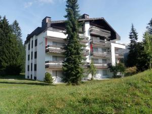 un edificio en una colina con un árbol delante de él en Seegarten A (361 Ku) en Lenzerheide