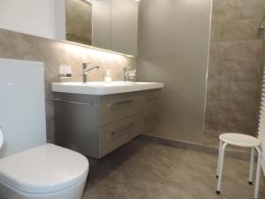 un bagno con lavandino, water e specchio di Seegarten A (361 Ku) a Lenzerheide