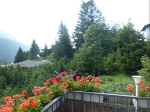 a garden with red flowers on a wooden fence at Preschaint (720 Kü) in Valbella