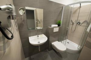 a bathroom with a sink, toilet, and shower stall at Hotel Energie in Prague