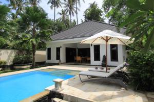 a pool with a chair and an umbrella next to a house at Villa Kupu Kupu Lovina in Lovina