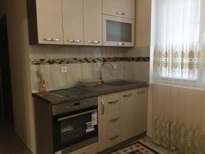 a kitchen with a sink and a stove at Elenite Guesthouse in Gotse Delchev