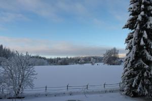 a snow covered field with a fence and trees at Apartment Steinsgård-Maura in Maura