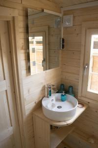 a bathroom with a white sink and a mirror at Glantalhütte in Glan-Münchweiler