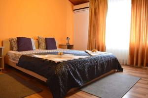 a bedroom with a large bed with a large window at City Comfort Villa in Bucharest