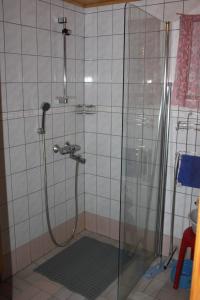 a shower with a glass door in a bathroom at Kuusitorppa in Varpaisjärvi