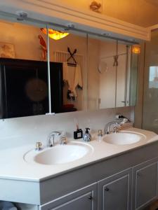 a bathroom with two sinks and a large mirror at B&B De Mansarde in Diest