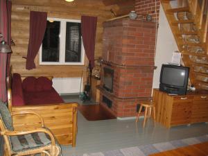 Il comprend un salon avec une cheminée et une télévision. dans l'établissement Mäkitorppa, à Varpaisjärvi