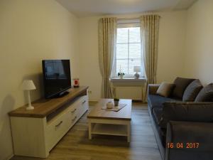 ein Wohnzimmer mit Couch und Flachbildfernseher in der Unterkunft Ferienwohnung Haus Nr. 11 in Warendorf