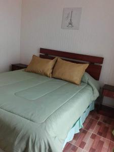 a bed with green sheets and pillows in a room at Estancia Pacífico in Punta de Choros