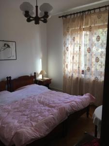 a bedroom with a bed with a pink blanket and a window at APP Rojko in Lovrečica