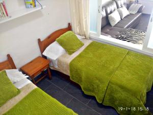 1 dormitorio con 2 camas, mantas verdes y ventana en Apartamento Faro Sardina, en Sardina