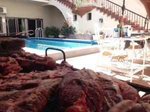 una pila de carne junto a una piscina en Peatonal Colonial en Mendoza