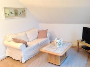 a living room with a couch and a coffee table at Ferienwohnungen Haus am Karpfenteich in Hahnenklee-Bockswiese