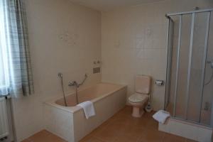ein Bad mit einer Badewanne, einem WC und einer Dusche in der Unterkunft Ferienwohnungen Pichler in Hohenau