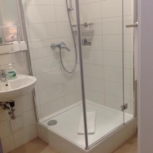 a shower with a glass door next to a sink at Haus am Karpfenteich in Hahnenklee-Bockswiese