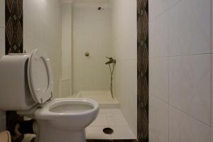 a bathroom with a toilet and a shower at Traditional Cretan Stone House 4 in Kolymvari